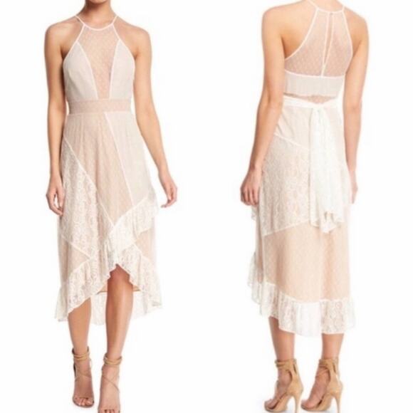 NWT LIKELY DRESS WHITE NUDE LACE EMBROIDERED BRIDAL WEDDING LORIMER HI LOW MIDI - Picture 1 of 14